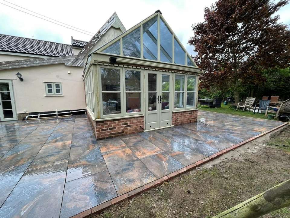 Rear garden renovation with new patio in Suffolk