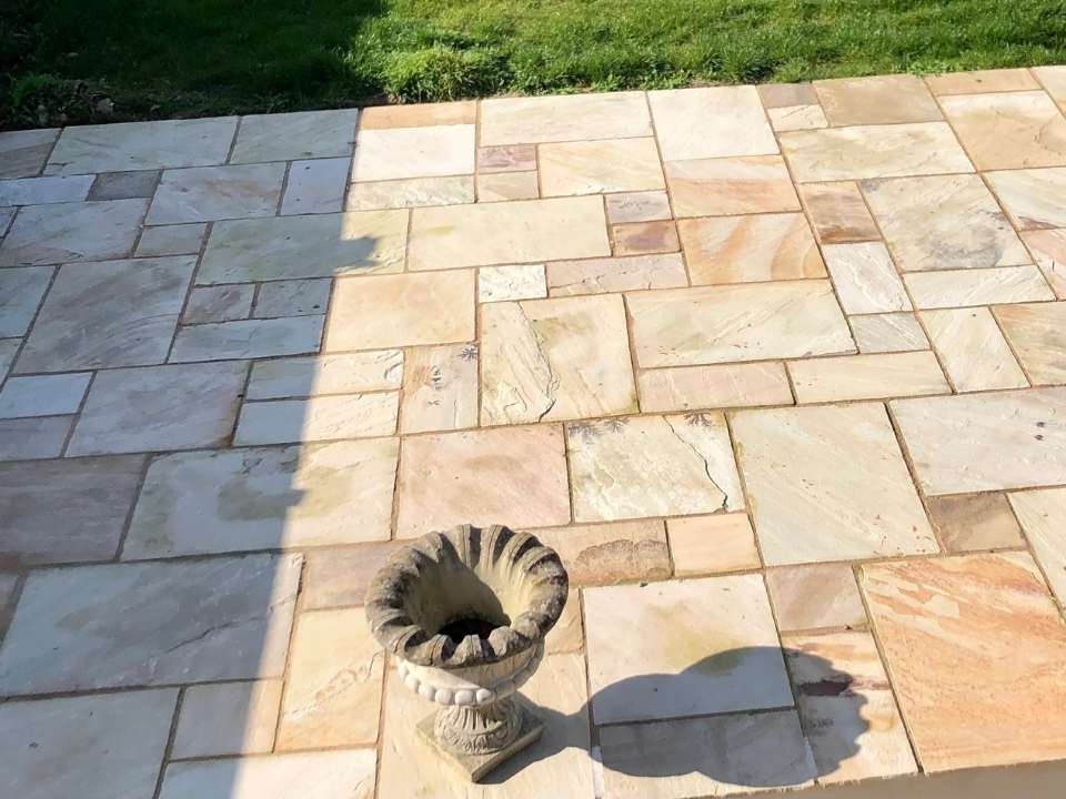 Sandstone patio and lawn installation in Suffolk